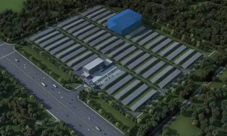 Expansive mining farm filled with rows of rigs and cooling systems