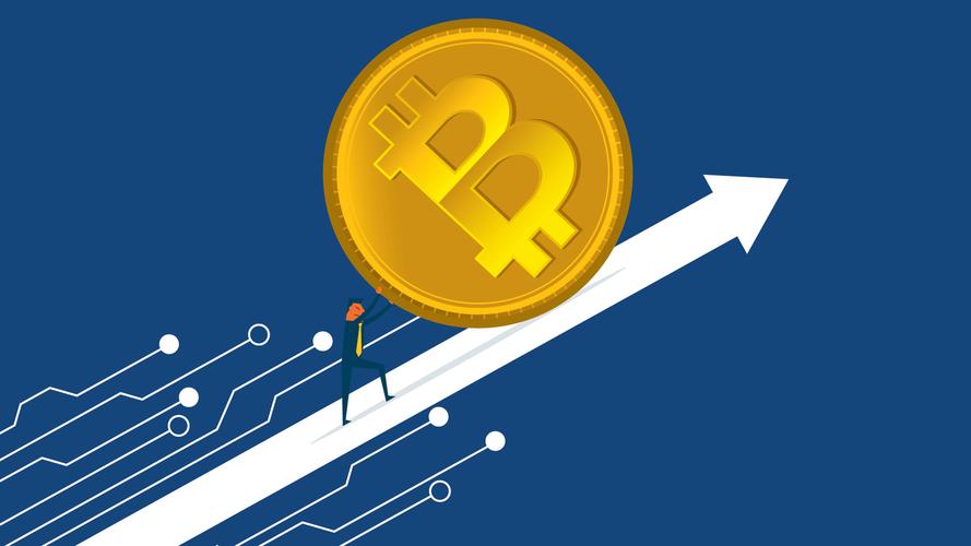 Bitcoin symbol and blockchain graphic representing cryptocurrency mining